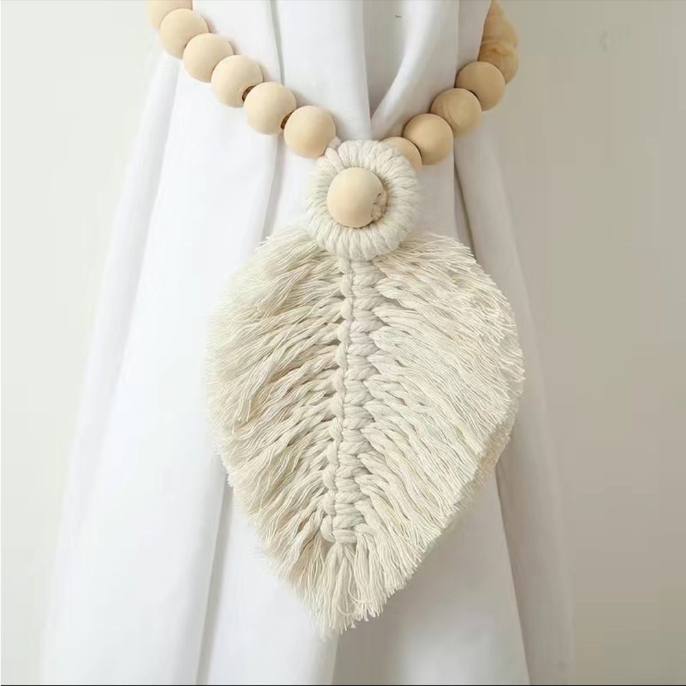 NWT Boho Macrame Curtain Tiebacks with Wooden Beads (Set of 2)